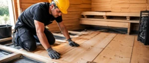 Contractor wearing a hard hat and protective gloves installing a wood floor inside a home sauna