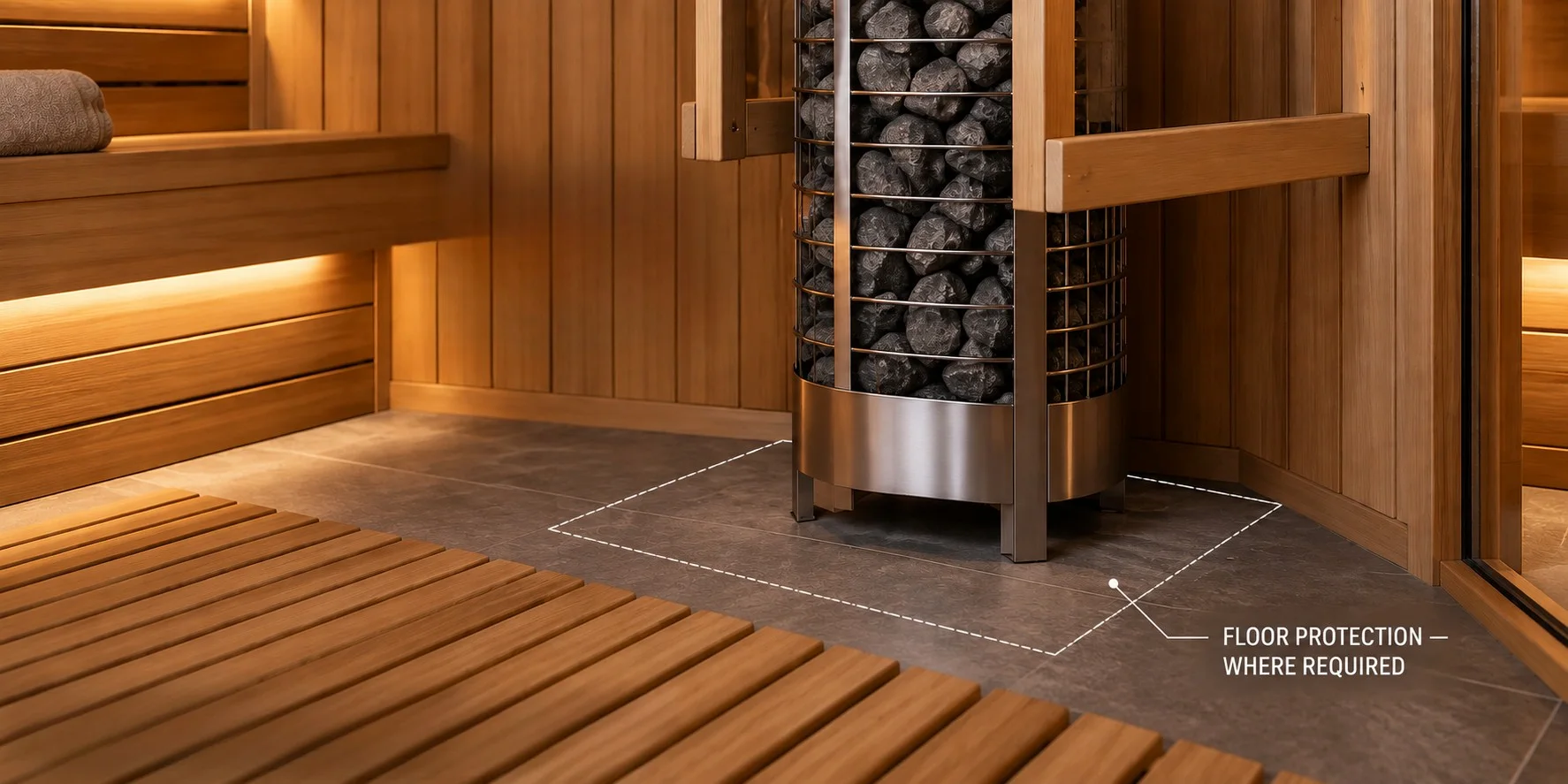 Electric sauna heater with conceptual floor protection area and manufacturer clearance guidance