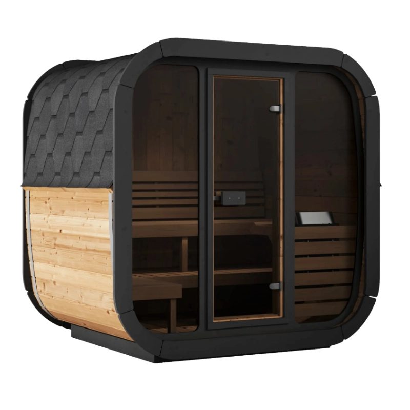 SaunaLife CL5G outdoor sauna with glass front and Thermo-Spruce exterior