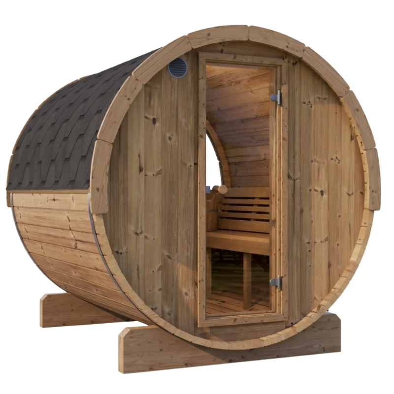 SaunaLife E8 6-person outdoor Thermowood barrel sauna with glass door