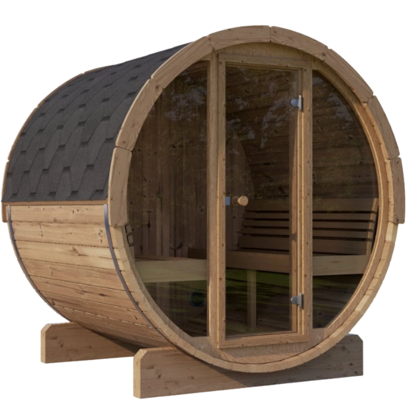 SaunaLife E8G 6-person outdoor barrel sauna with full-glass front