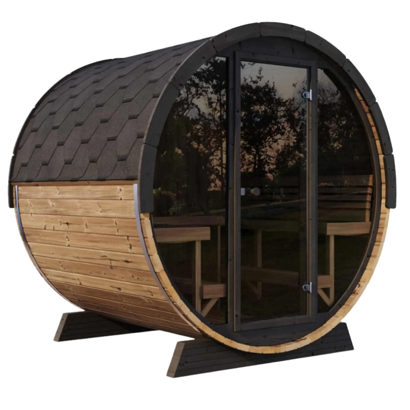 SaunaLife EE8G outdoor barrel sauna kit with glass front and Thermo-Spruce staves