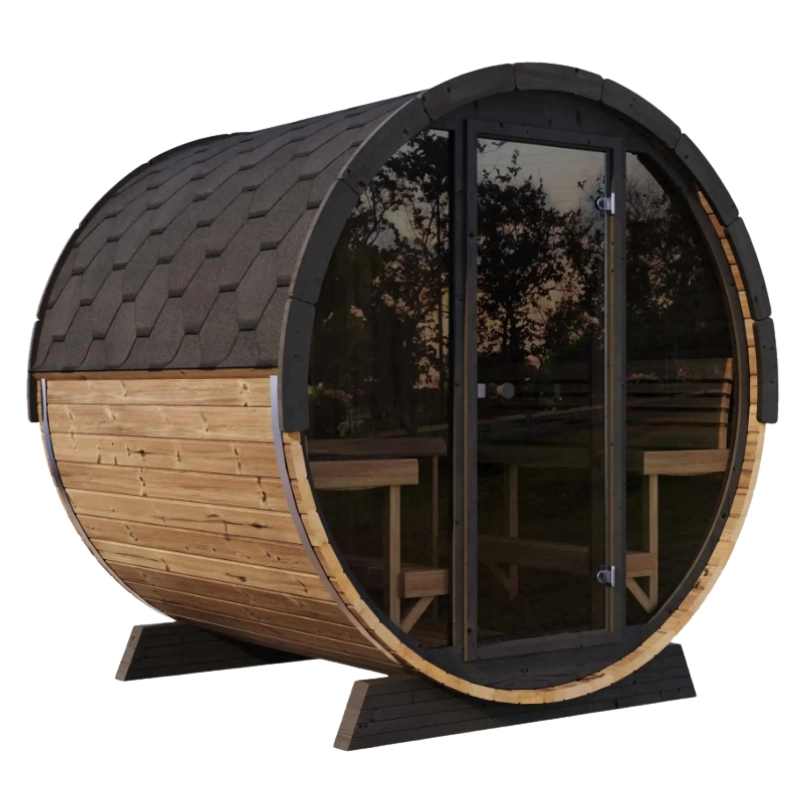 SaunaLife EE8G outdoor barrel sauna with full glass front