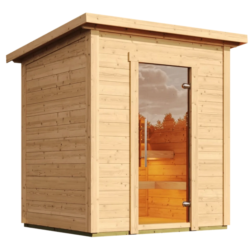 SaunaLife G2 outdoor cabin sauna kit with sloped roof and glass door