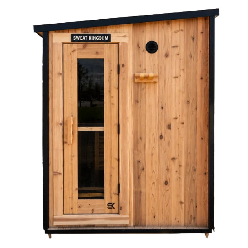 Sweat Kingdom Summit outdoor traditional sauna with cedar exterior and glass door