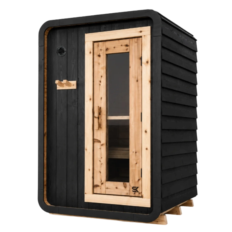 Sweat Kingdom The Sweat Pod traditional sauna with black exterior and wood-framed glass door