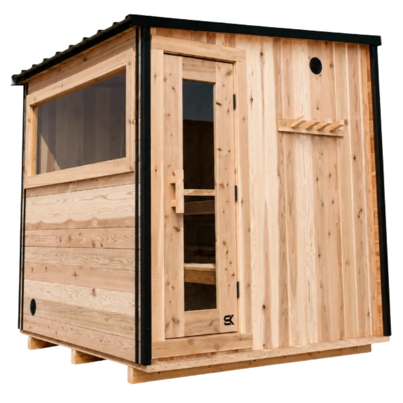 Sweat Kingdom Summit modular cedar sauna cabin with pitched steel roof