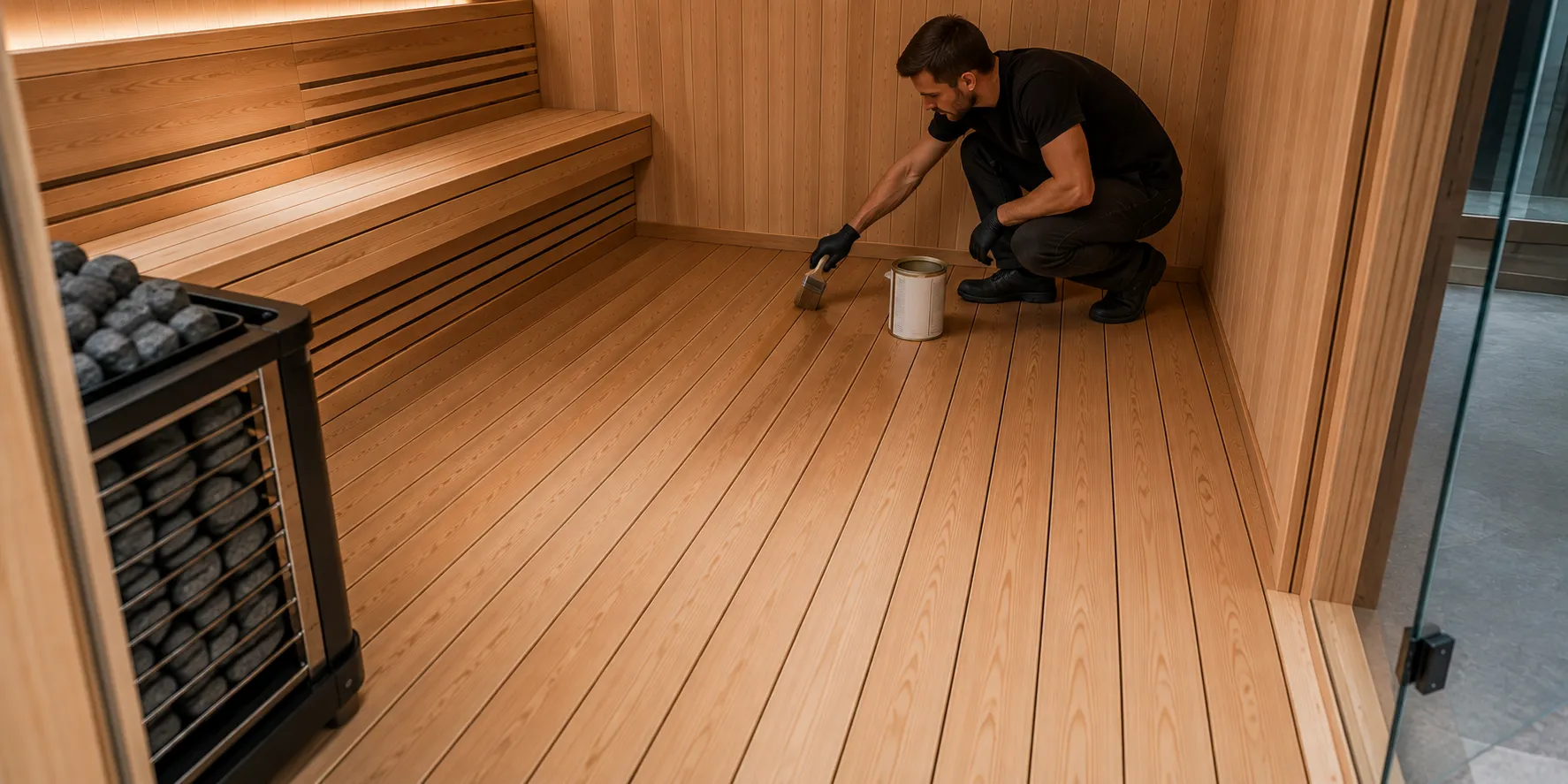 Installer applying protective treatment to installed sauna floorboards