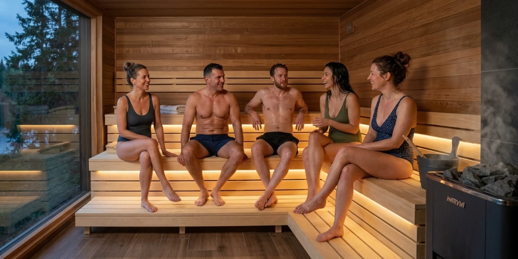 Five adults seated inside a spacious traditional home sauna