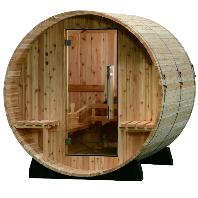 Almost Heaven Audra outdoor cedar barrel sauna with glass door and front seating