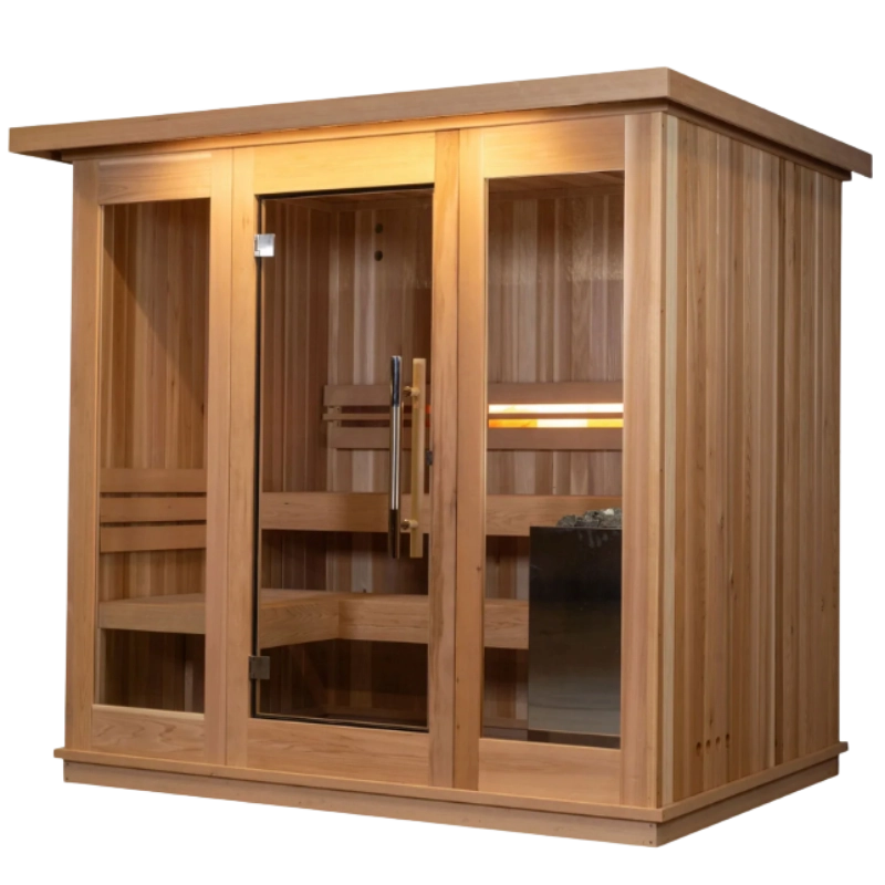 Almost Heaven Denali indoor cedar sauna kit with glass door and tiered benches