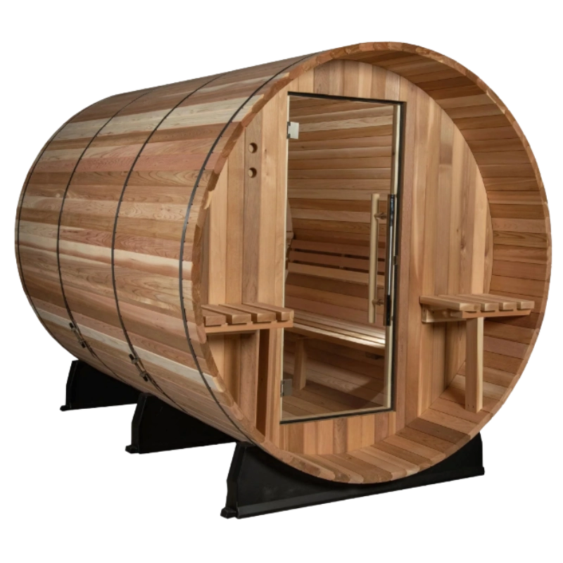 Almost Heaven Huntington 4–6 person outdoor barrel sauna with glass door