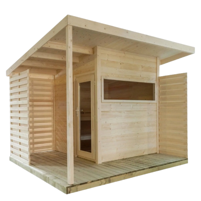 Almost Heaven Timberline outdoor sauna kit with covered porch and wood cabin design