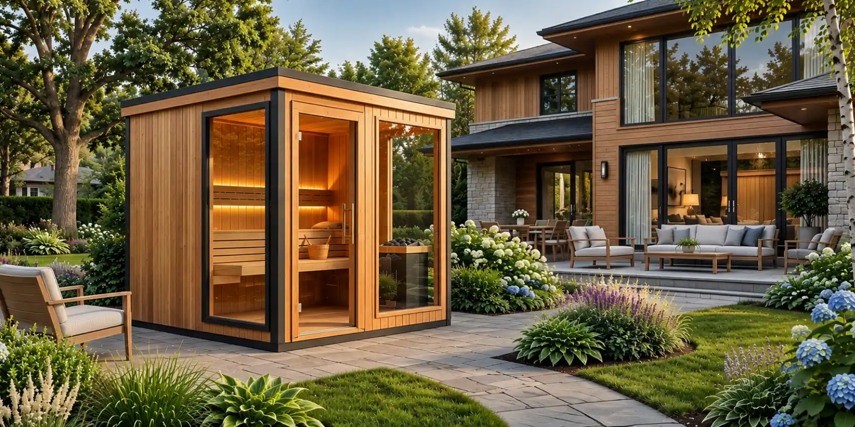 Three-person home sauna in a landscaped backyard beside a modern house