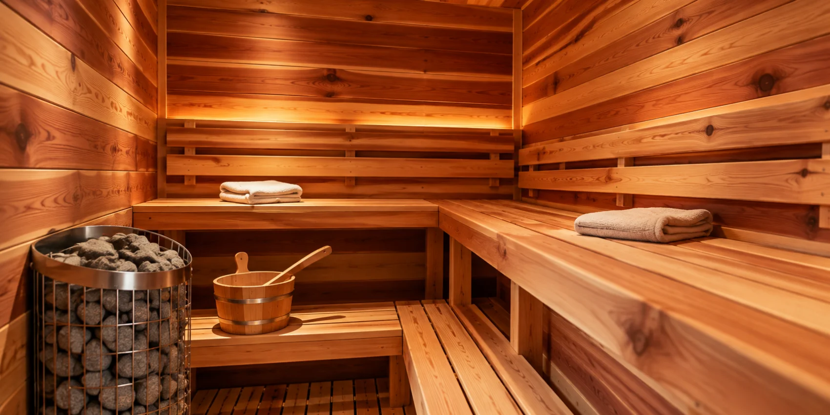 Western red cedar sauna kit interior with wood benches and stone heater