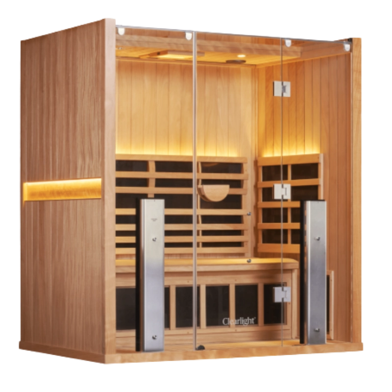 Clearlight Sanctuary 3 infrared sauna in mahogany with glass front and interior bench