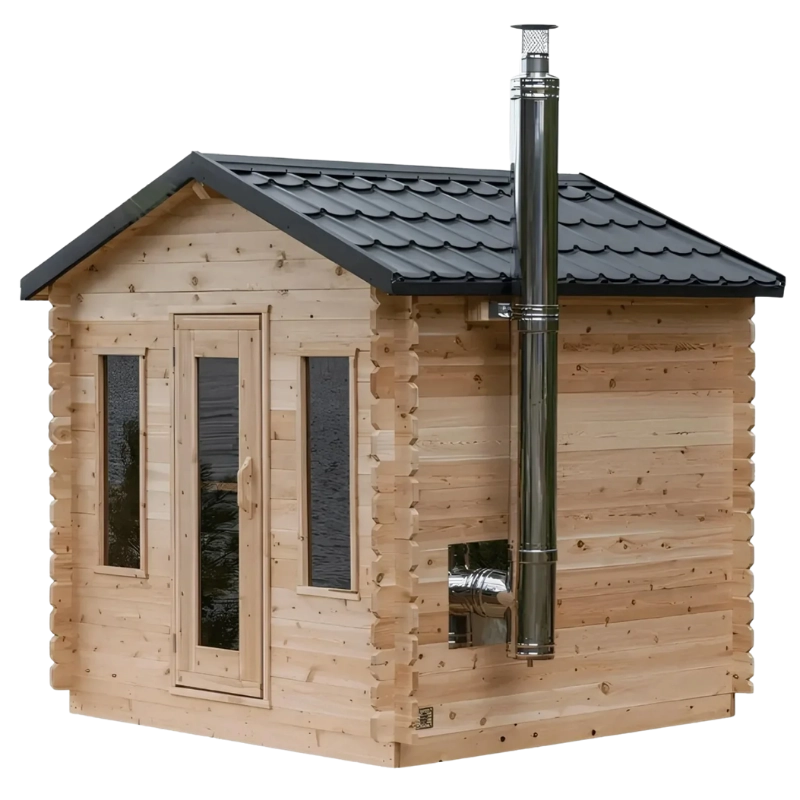 Dundalk LeisureCraft Georgian CTC88W outdoor cedar cabin sauna with metal roof and glass door