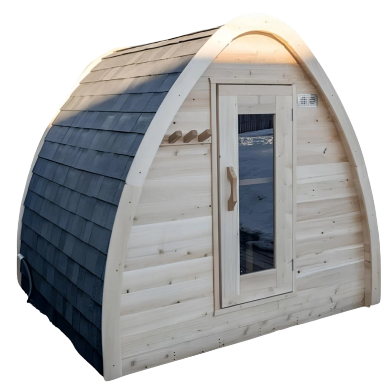 Dundalk LeisureCraft MiniPOD cedar sauna kit with curved roof and glass door