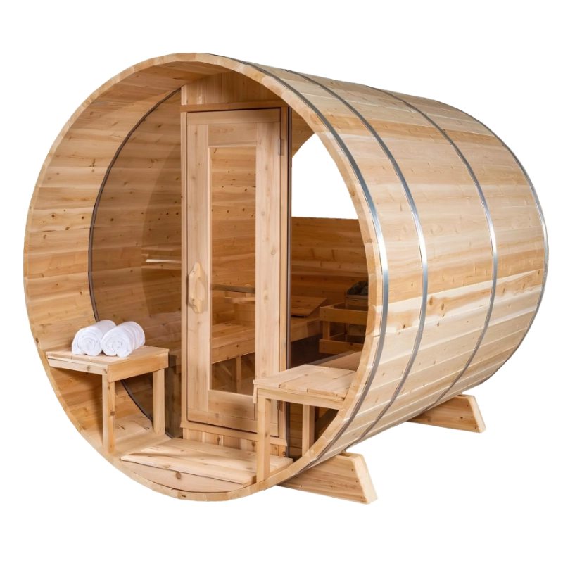 Dundalk Leisurecraft Tranquility MP outdoor cedar barrel sauna with porch and glass door