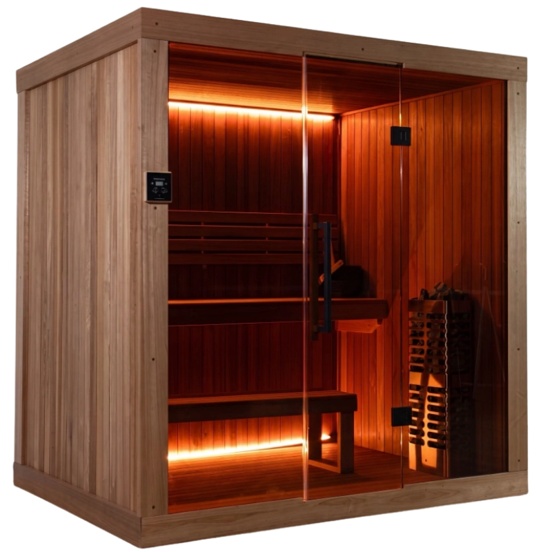 Dundalk Studio Traditional Indoor Sauna with glass front, tiered benches and electric heater
