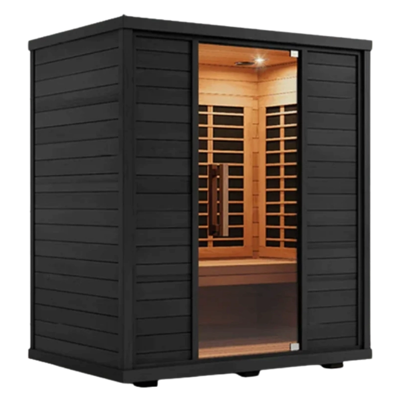 Sun Home Equinox 3 full-spectrum infrared sauna with black exterior and glass door
