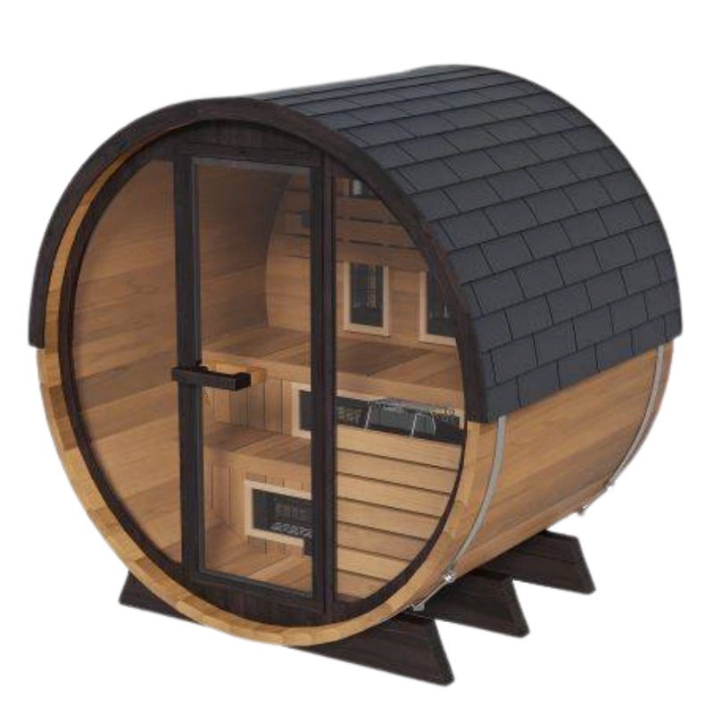 Finnmark Designs FD-6 cedar hybrid barrel sauna with glass front