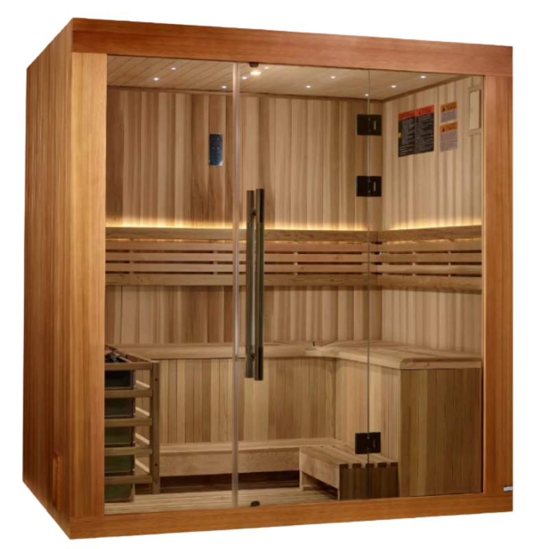 Golden Designs Copenhagen 3-person indoor traditional sauna with glass front and wraparound bench