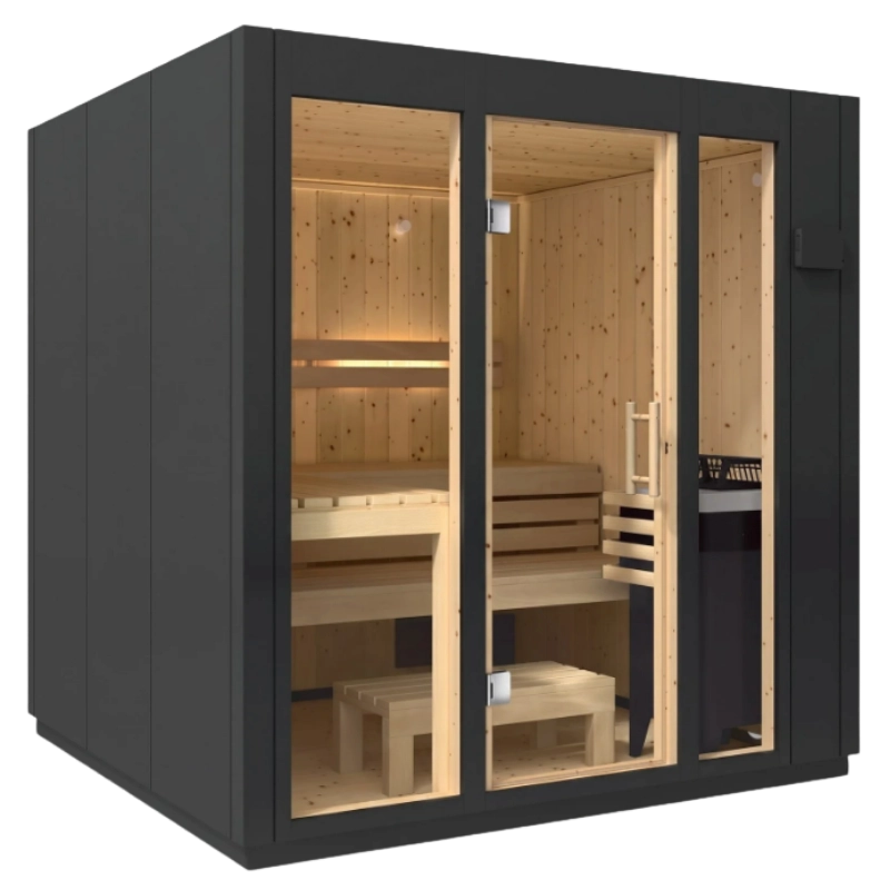 KOHLER C1 five-person indoor sauna with glass front and tiered wood benches