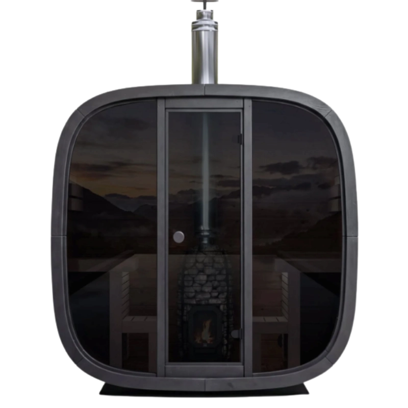 Leil Black Cube Comfort outdoor sauna kit with glass front and wood-burning heater