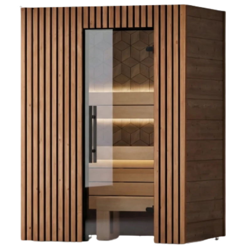 Leil Como 150 indoor sauna kit with glass door and tiered bench seating