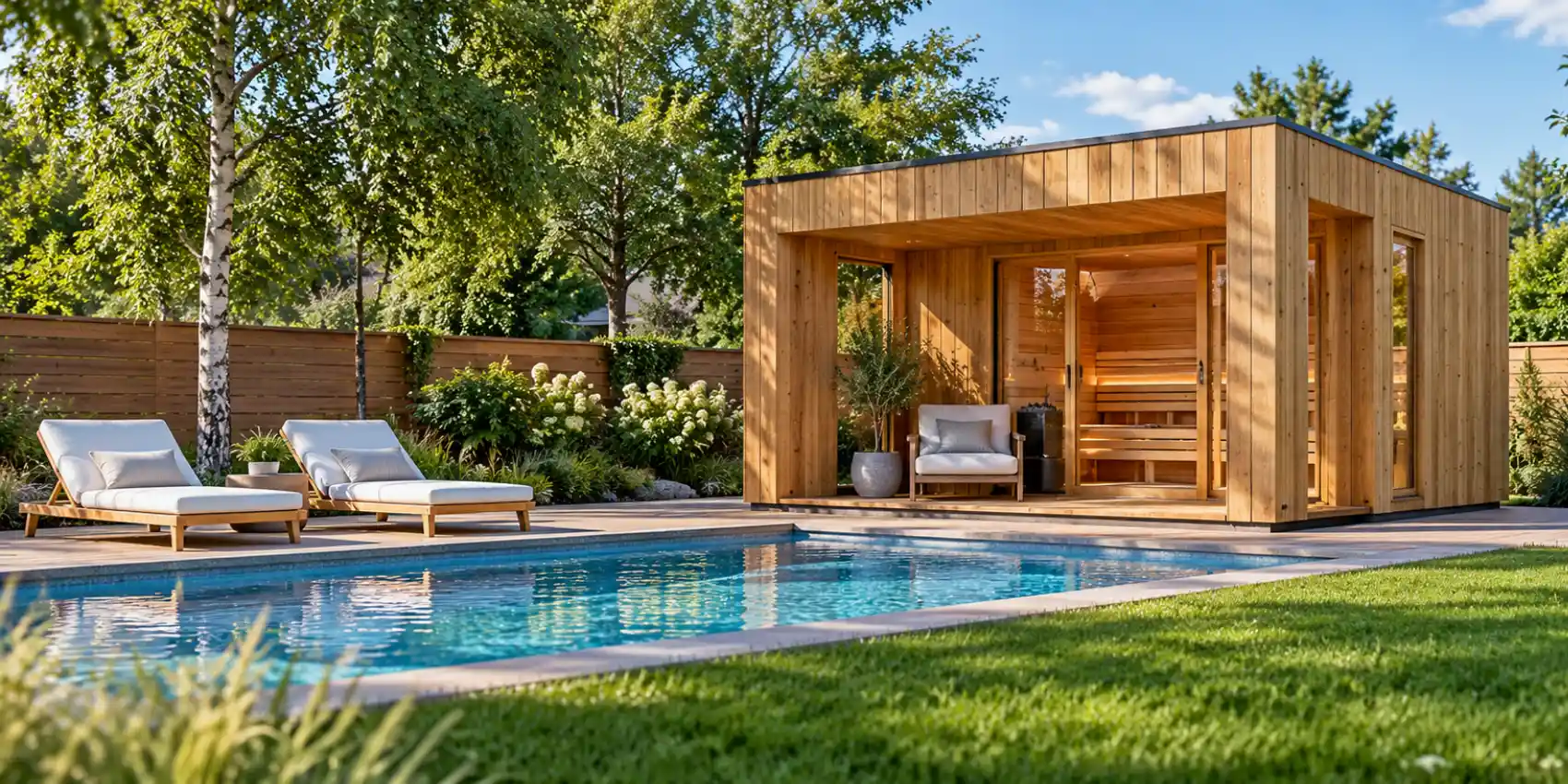 Modern outdoor sauna kit beside a backyard swimming pool