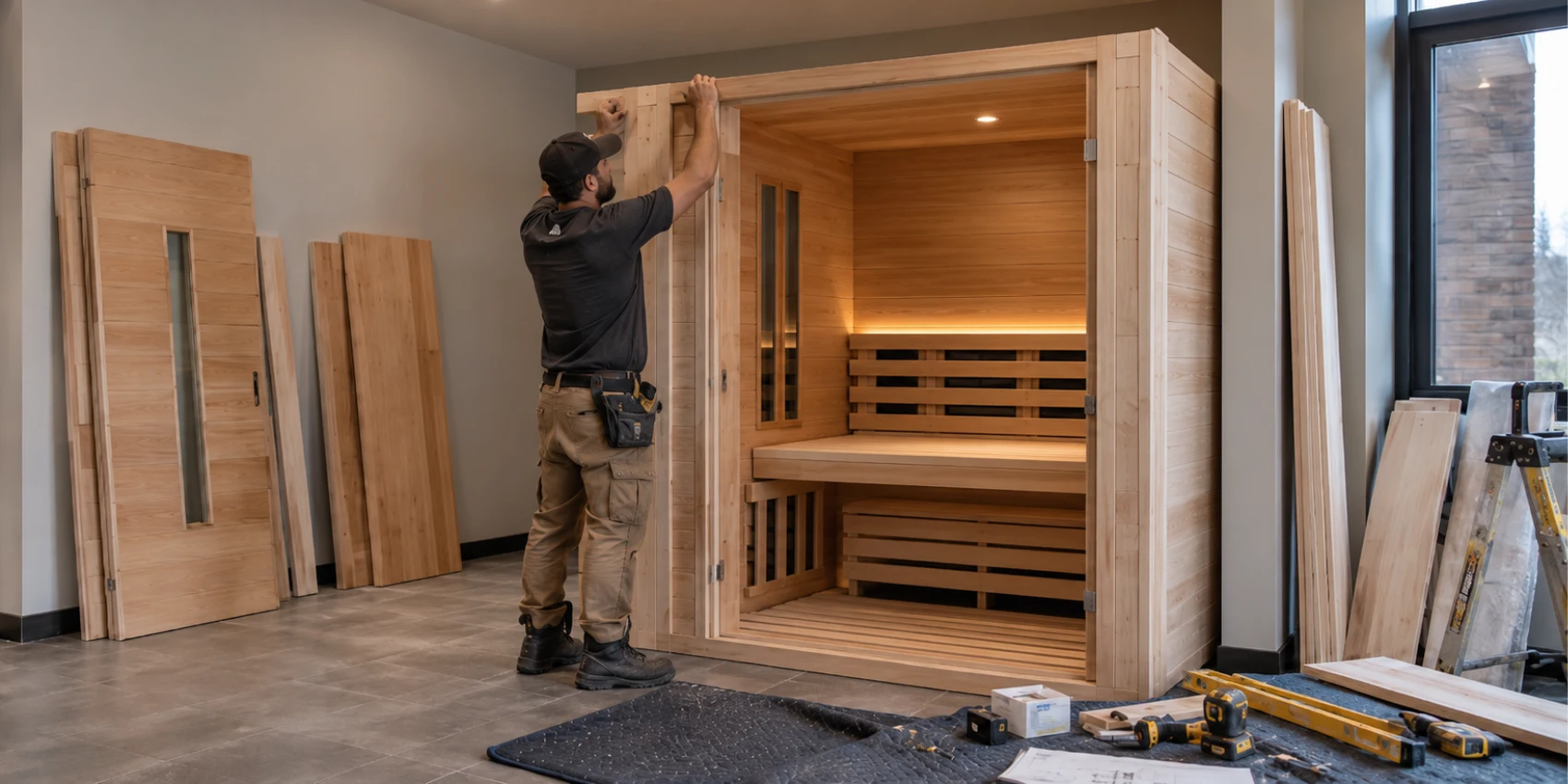 Professional installing an indoor sauna kit in a residential wellness space