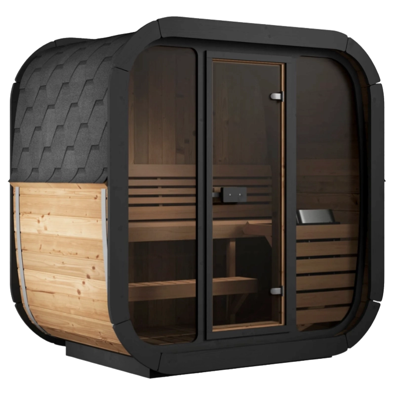 SaunaLife CL4G 3-person outdoor cube sauna with glass front and curved roof