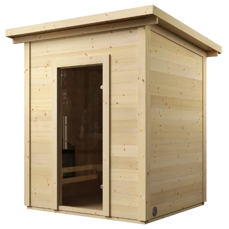SaunaLife G2 outdoor cabin sauna kit with light wood construction and glass door