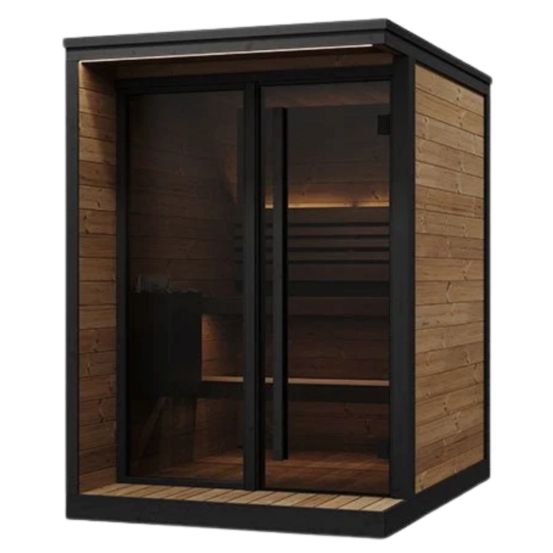 SaunaLife GL4 outdoor sauna kit with glass front and Thermo-Spruce exterior