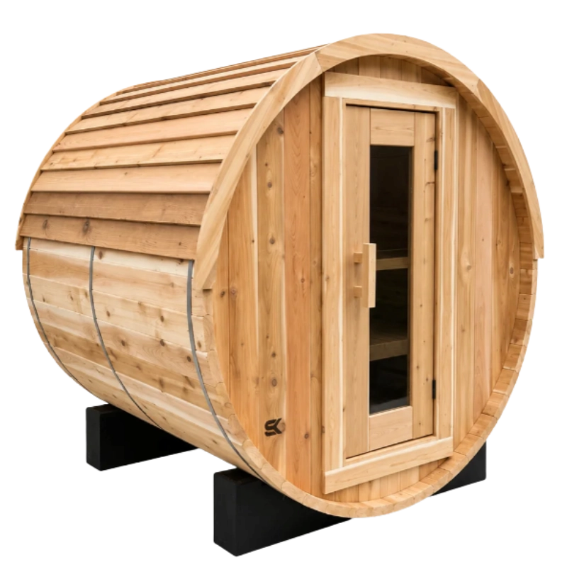 Sweat Kingdom Sweat Barrel outdoor red cedar sauna with glass door and roof shingles