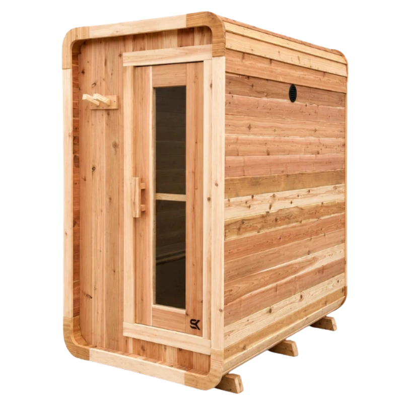 Sweat Kingdom Sweat Pod DIY outdoor sauna kit with cedar construction and glass door