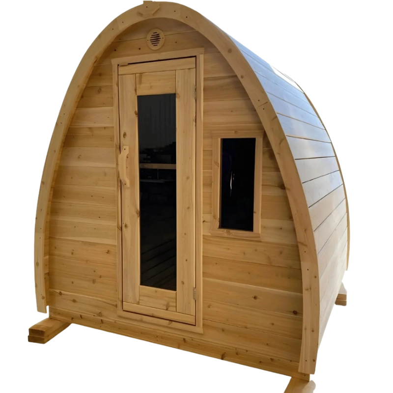 True North Pod outdoor sauna kit with arched wood construction and front window