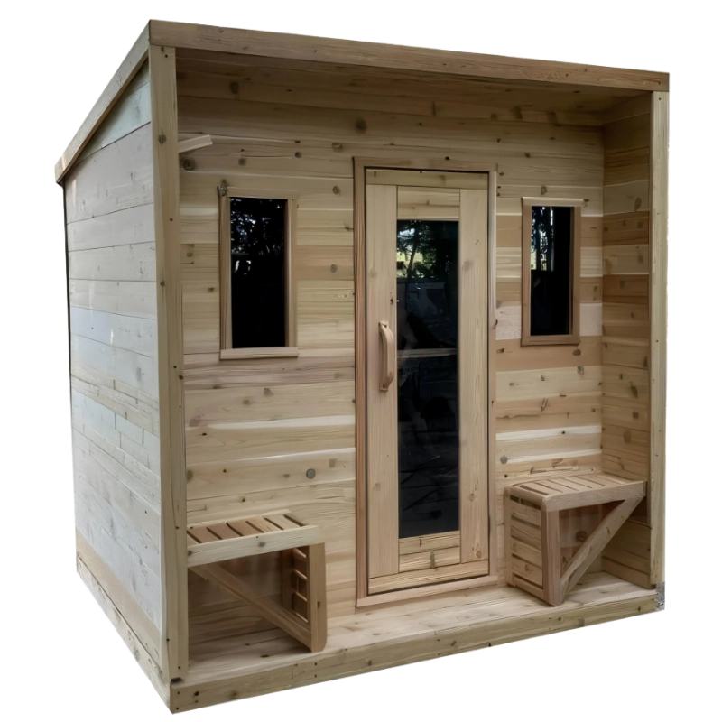 True North 5-person outdoor cabin sauna with covered porch and glass door